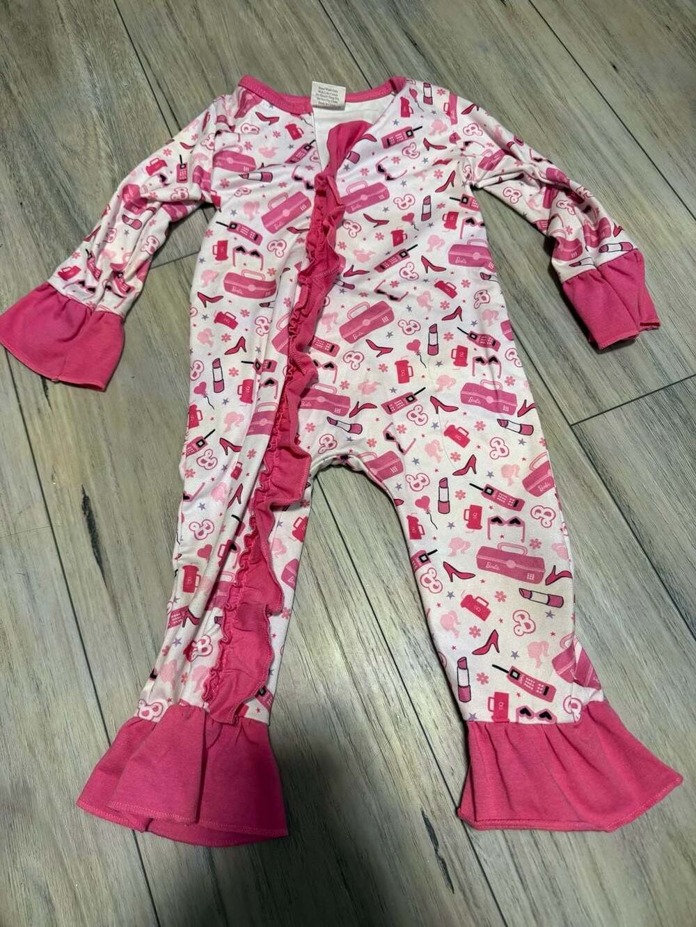 Barbie Print Baby Girl Ruffled Long Sleeve Zip-Up Romper